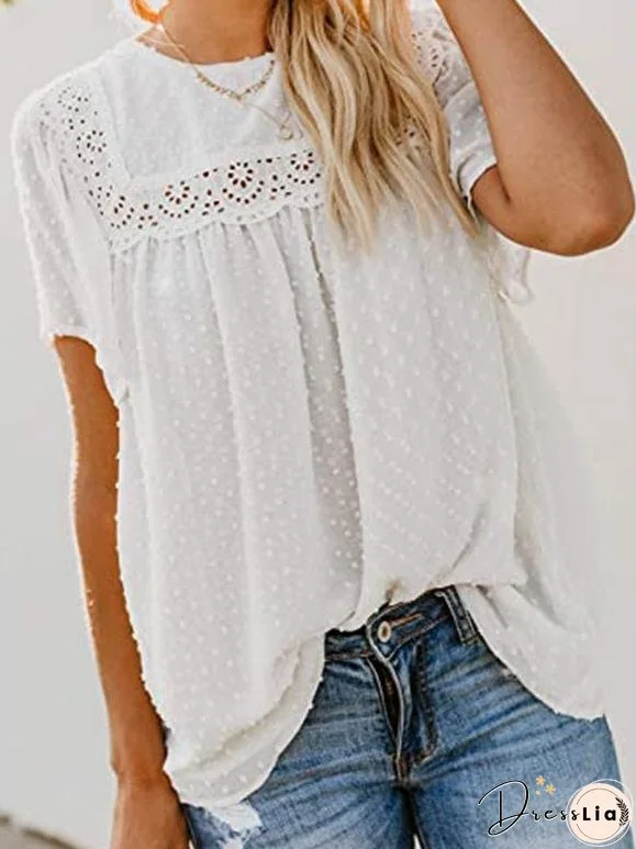 Round Neck Lace Crochet Pompom Short Sleeve T-shirt for Women