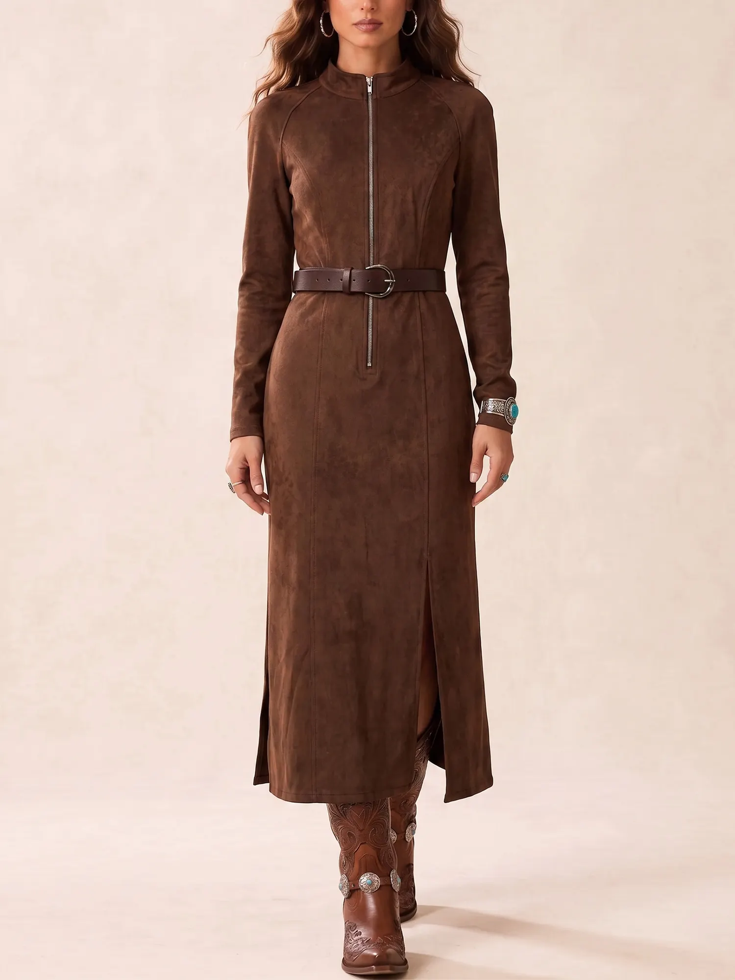 Western Dress &mdash; Women's Chestnut Brown Front Zip Belted Suede Dress Maxi Dress