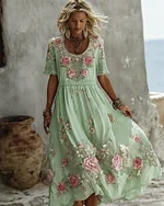 Women's Floral Art Print Flowy Linen Blend Casual Short Sleeve Maxi Dress - Image 3