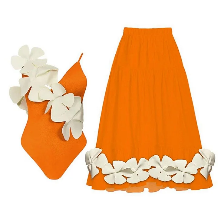 Flaxmaker Plus Size Flower Decor Backless One Piece Swimsuit and Skirt