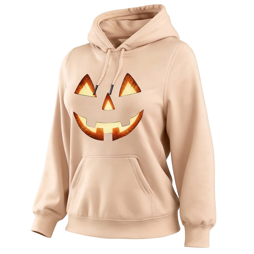 Women's Vintage Halloween Pumpkin Jack-O-Lantern Print Pocket Long-Sleeve Hoodie