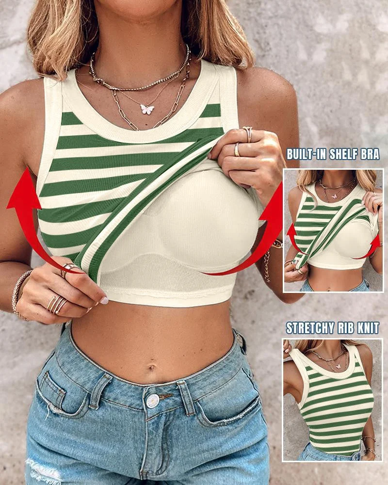 This Week's Special Price $19.99🍃Round Neck Built-in Bra Ribbed Tank Top Fit Casual Comfortable💥