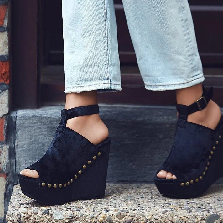 Navy Velvet Wedge Sandals with Peep Toe and Ankle Strap Platform Heels Vdcoo