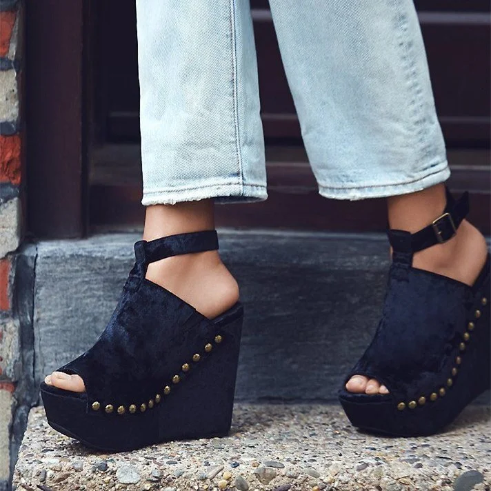 Navy Wedge Sandals Peep Toe Velvet Ankle Strap Platform Heels |FSJ Shoes