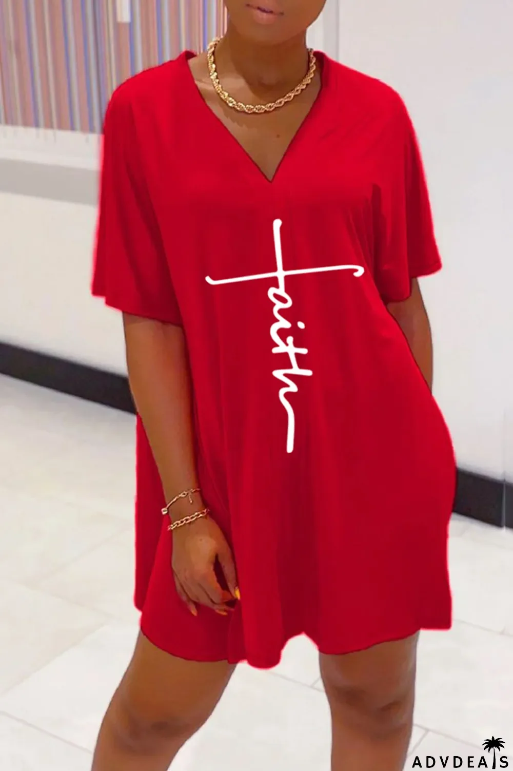 Tangerine Red Casual Print Split Joint V Neck Short Sleeve Two Pieces