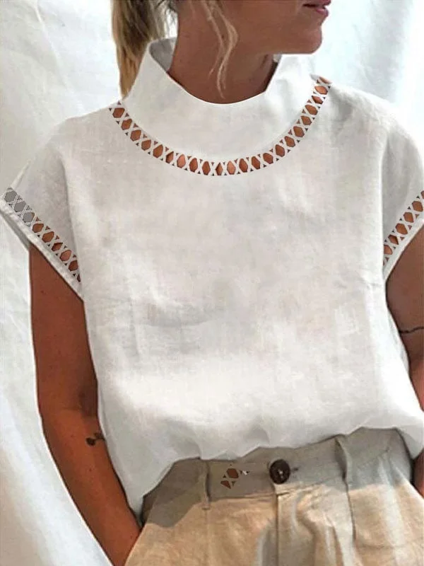 Women's Cotton Linen Lace Turtleneck Shirt socialshop