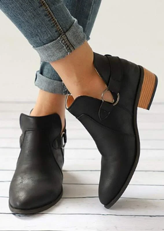 Solid Color Pointed Toe Buckle Embellished Boots