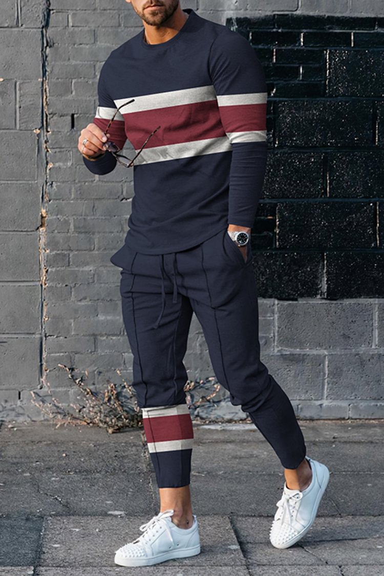 Tiboyz Simple Striped Print T-Shirt And Pants Two Piece Set