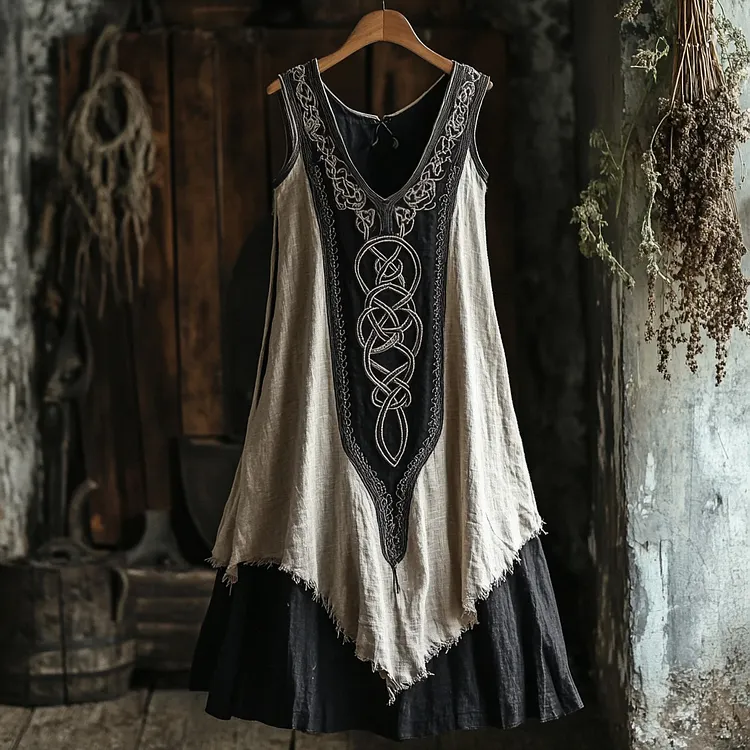 Tribal Celtic Embroidery Patchwork Art Linen Tank Dress