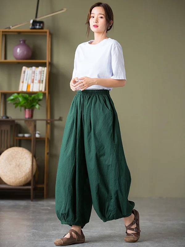 Simple Loose Linen Solid Color Pleated Drawstring Wide Legs Knickerbockers