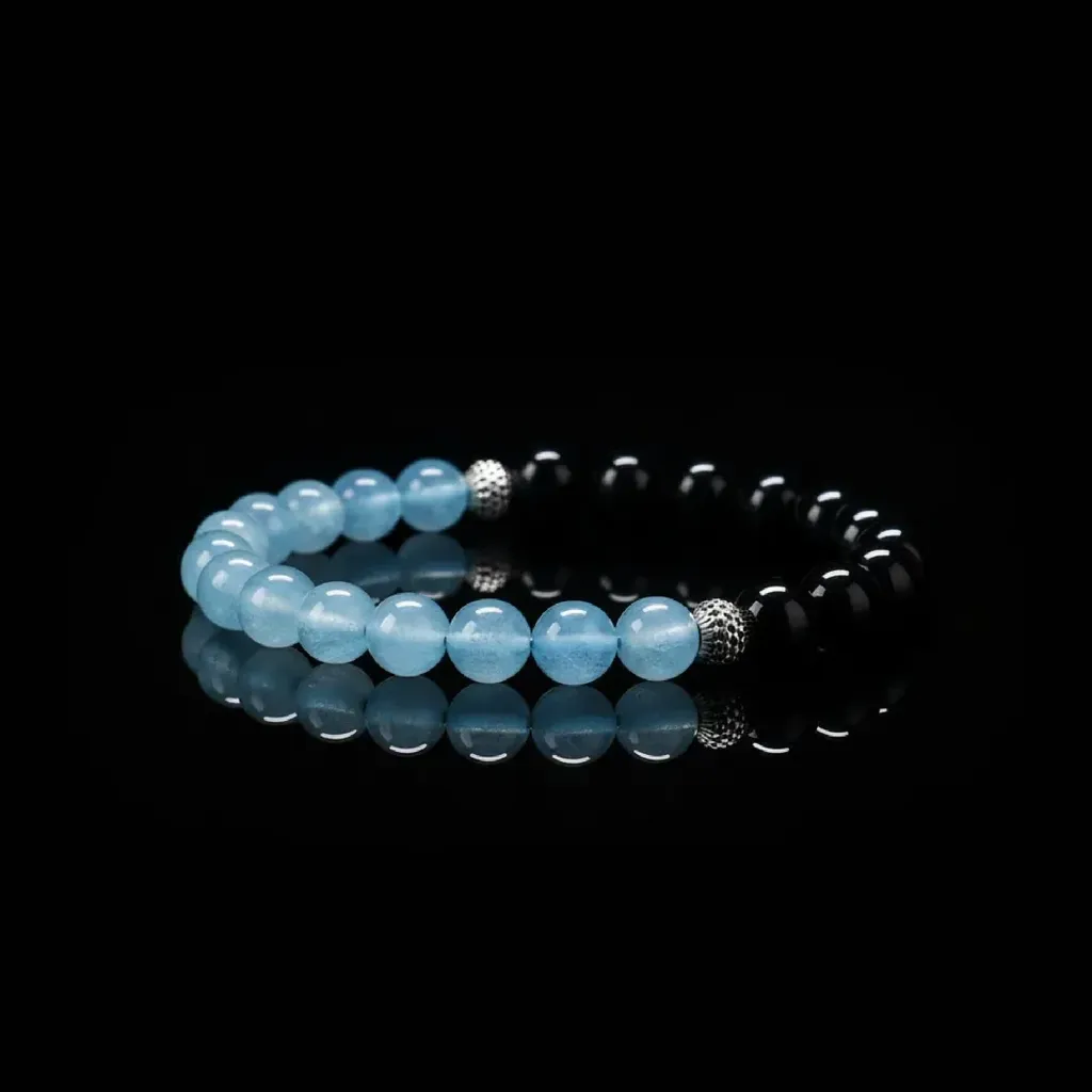 JiStones Midnight Serenity - Natural Obsidian & Aquamarine Beaded Bracelet