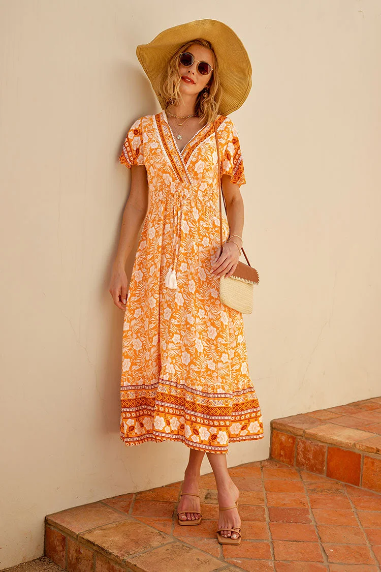 Honopu V-neck Bell Sleeve Tassel A-Shape Dress