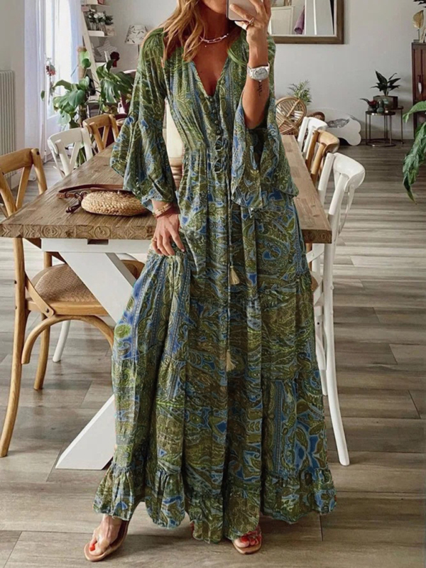 Mature Women Bohemian V-neck High Waist Holiday Floral Long Skirt Dress