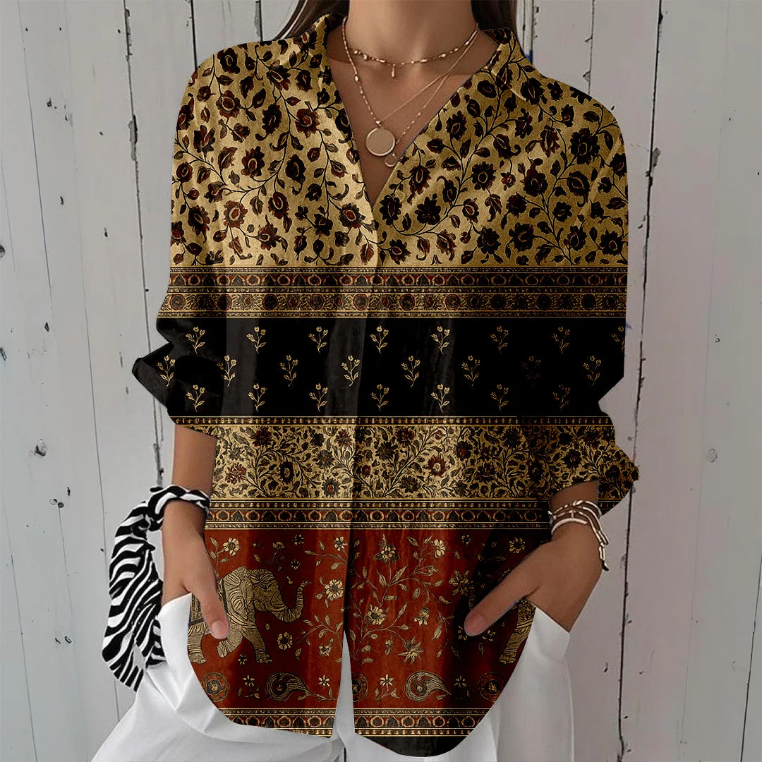 Style & Comfort for Mature Women Women Floral,Patchwork DZCL0015 3/4 Sleeve Shirt Collar Printed Button Tops