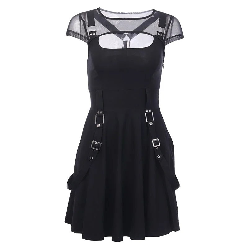 Gothic Sexy Dress Summer Dress Women Vintage Black Mesh Streetwear Hipster High Waist Solid Dresses Party Nightclub Mini Dress