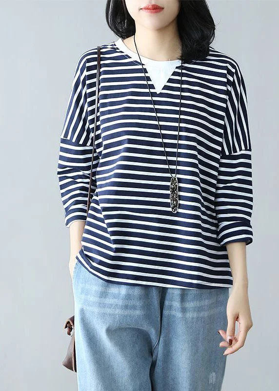 Casual Navy Oversized Patchwork Striped Cotton Top Spring