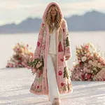 Women's Patchwork Floral Christmas Tree Print Plush Hooded Coat - Image 2