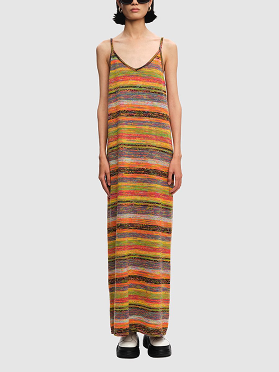 Suspenders Striped Knitting Midi Dress