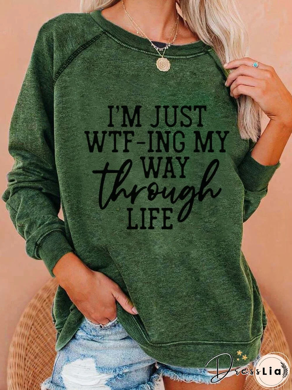 Women Green Casual Letter Sweatshirts