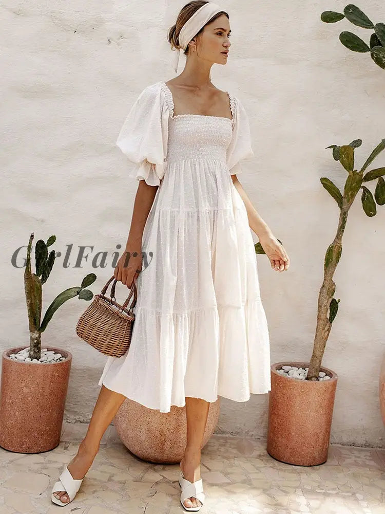 Girlfairy Dress 2024 Women Summer Dresses Ruffle Square Neck Puff Sleeve Bow Midi Dress Bohemian Beach Party Elegant Female Vestidos Robe