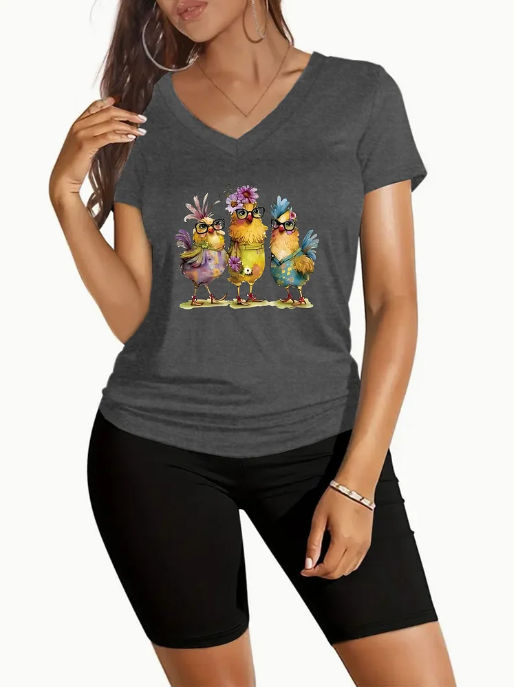 "Three Birds" Pattern Printed Leisure 2pcs Set, V-Neck Short-Sleeve Top Paired With Black Shorts, Women's Clothing