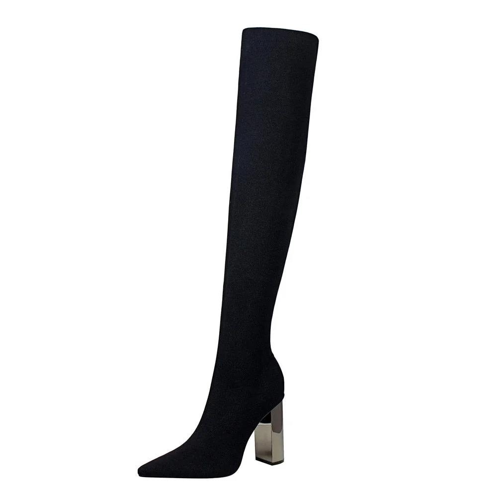 2021 Woman Long Boots Knee High Boots Square  Metal Heel High Heeled Pointy Sexy Elasticity Thin Wool Boots