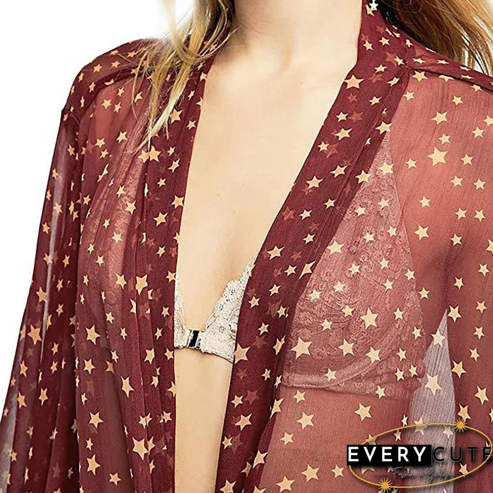 Wine Red Bowknot Cardigan Chiffon Cover Up