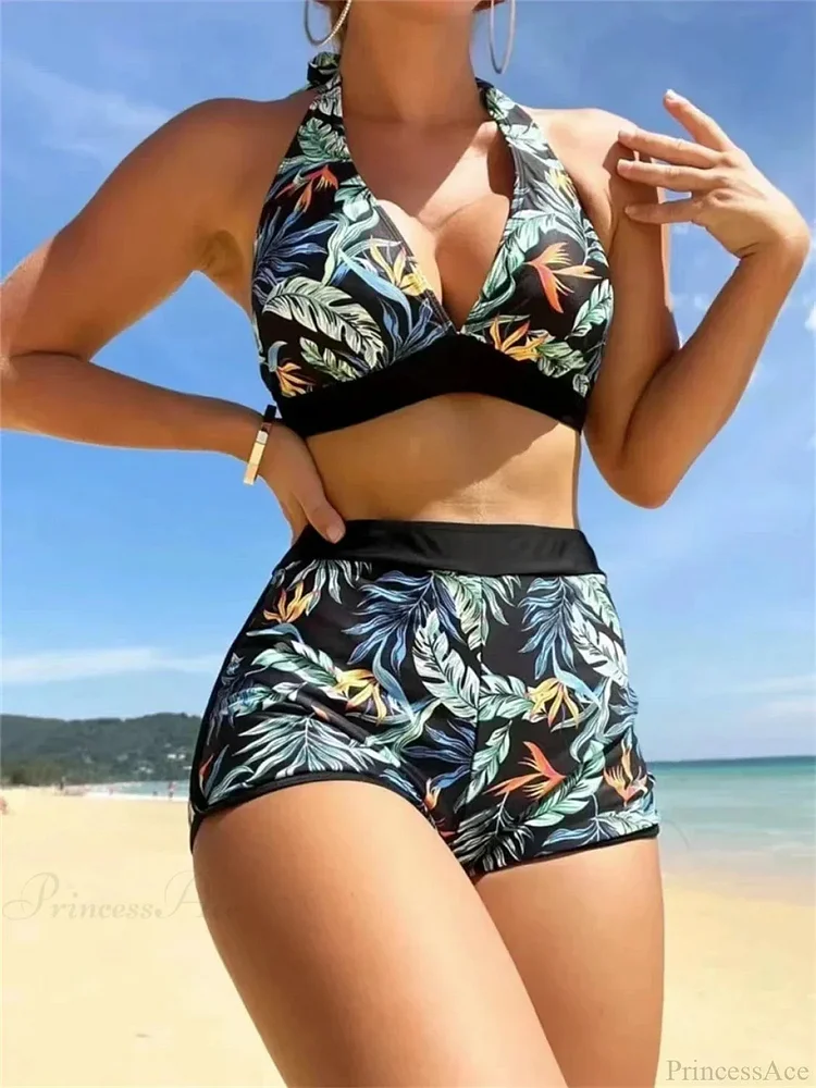 Leaf Print Halter Summer Sexy Two Piece Set