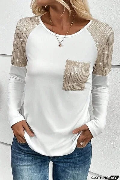 Sequin Round Neck Long Sleeve T-Shirt