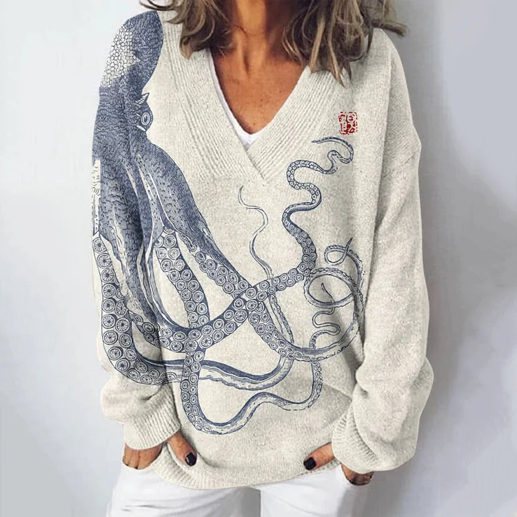 Women's Vintage Japanese Art Octopus Art Printed Light Sweater