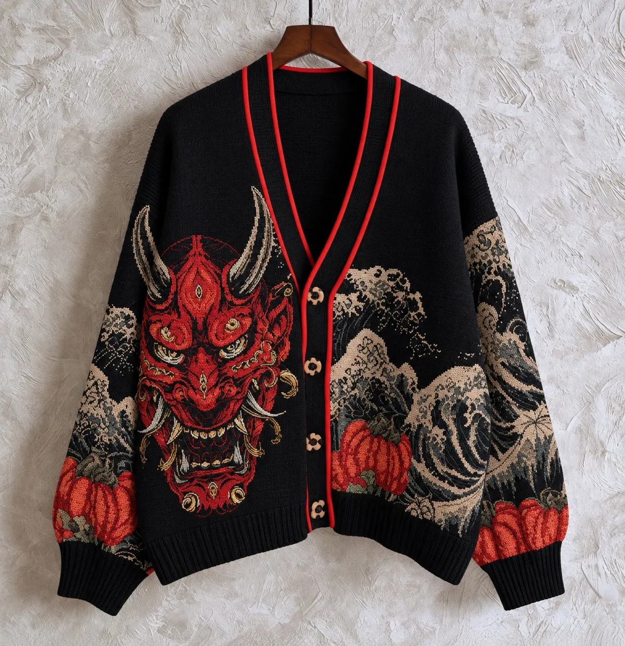 Comstylish Men's Vintage Halloween Horror Mask & Wave Jacquard Knit Cardigan