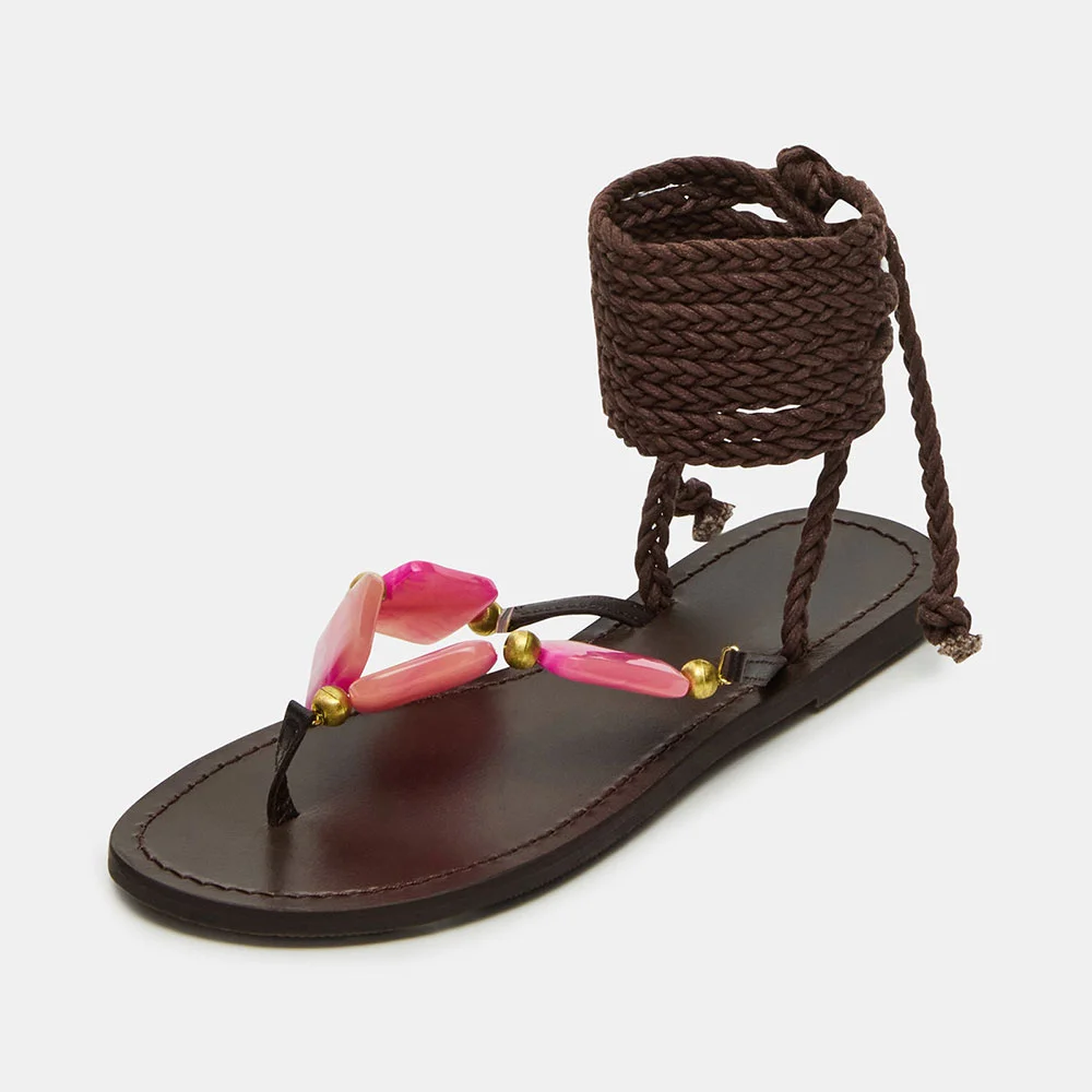 Dark Brown Braided Open-Toe Pink Stone Decor Flat Sandals for Women