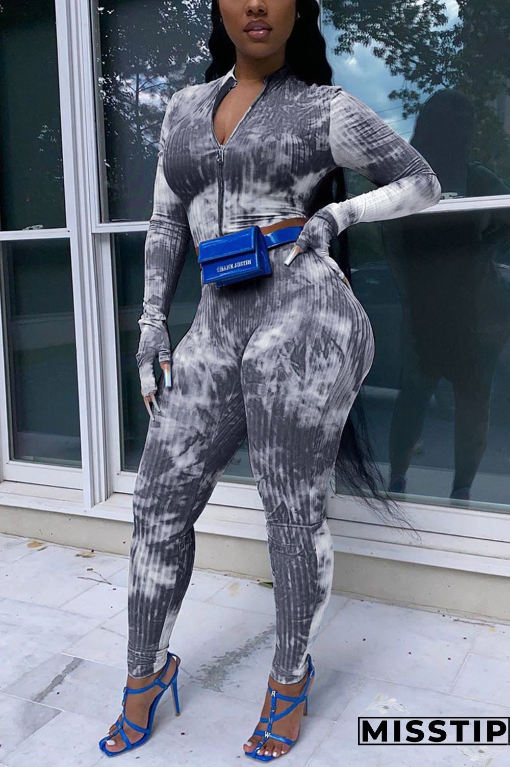 Blue Sexy Casual Print Tie-dye O Neck Long Sleeve Short Two Pieces