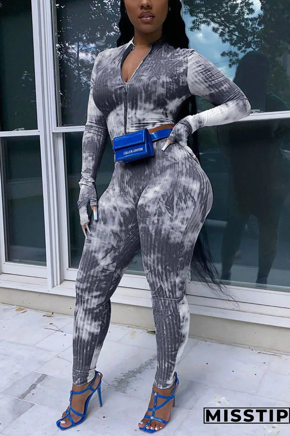 Blue Sexy Casual Print Tie-dye O Neck Long Sleeve Short Two Pieces