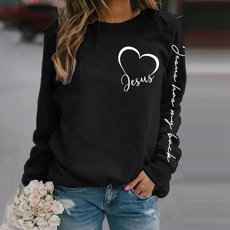 BrosWear Jesus Has My Back Letters Print Long Sleeve Casual Sweatshirt