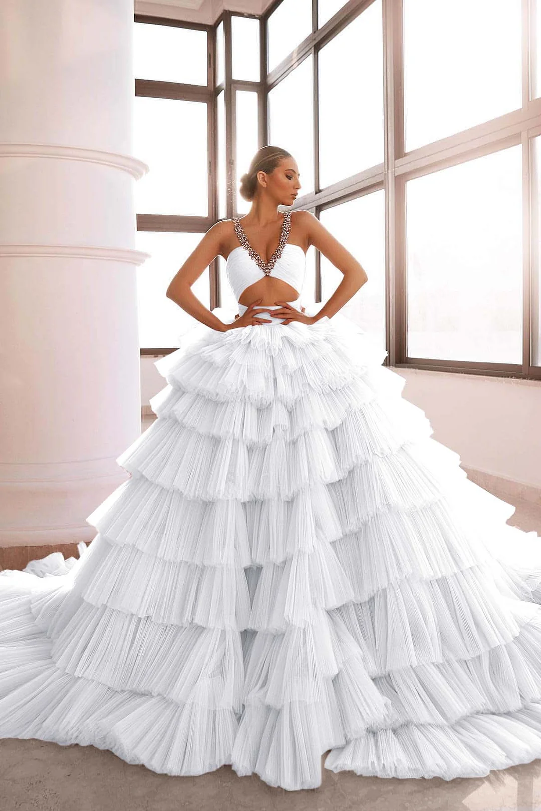 Daisda Luxurious Deep Sleeveless Pink V-Neck Prom Dress Tulle Layer