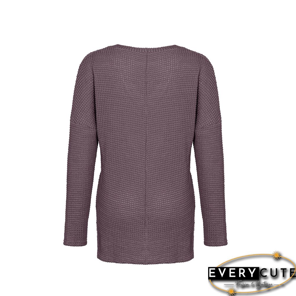Purplish Red Solid V Neck Knit Top with Pocket