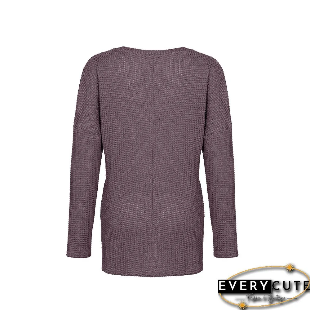 Purplish Red Solid V Neck Knit Top with Pocket