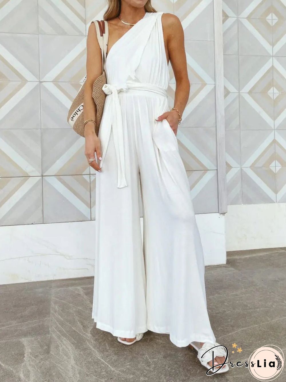 Women'S Jumpsuits Loose Lace Up Open Back Pocket Jumpsuit