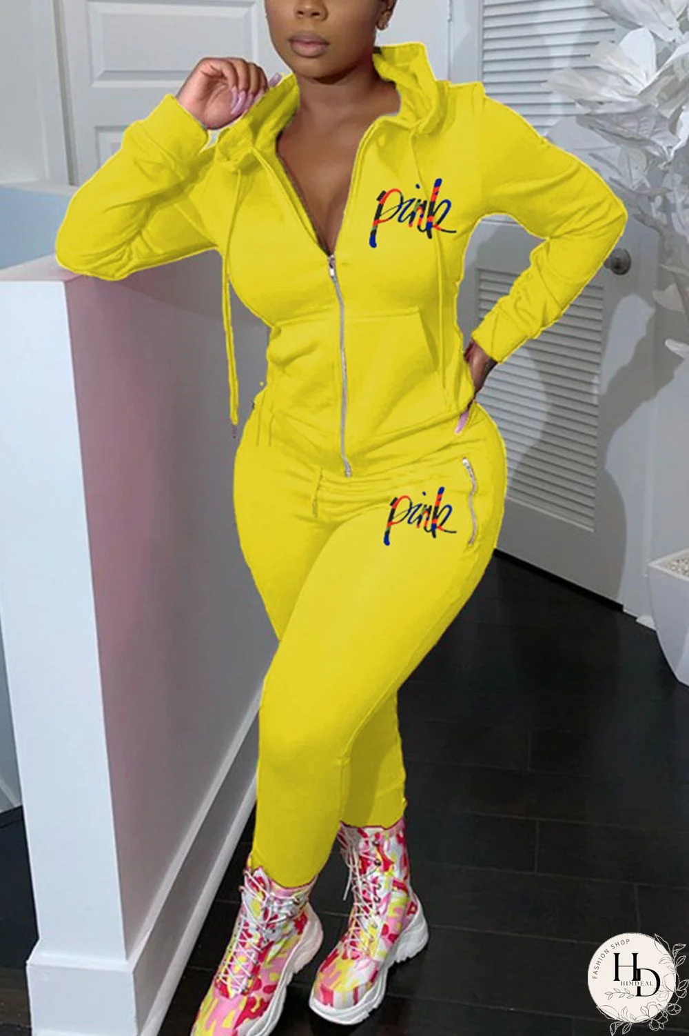 Yellow Casual Embroidered Hooded Collar Two Pieces