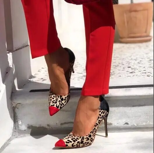 VCSHOES Woman Red Leopard Black Patchwork Pointed Toe Party High Heel Dress Pumps Shoes Big Size 47