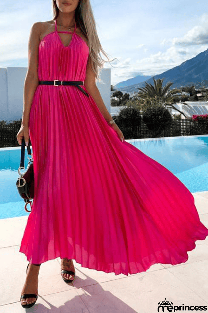 Pleated Halter Neck Backless Maxi Dress