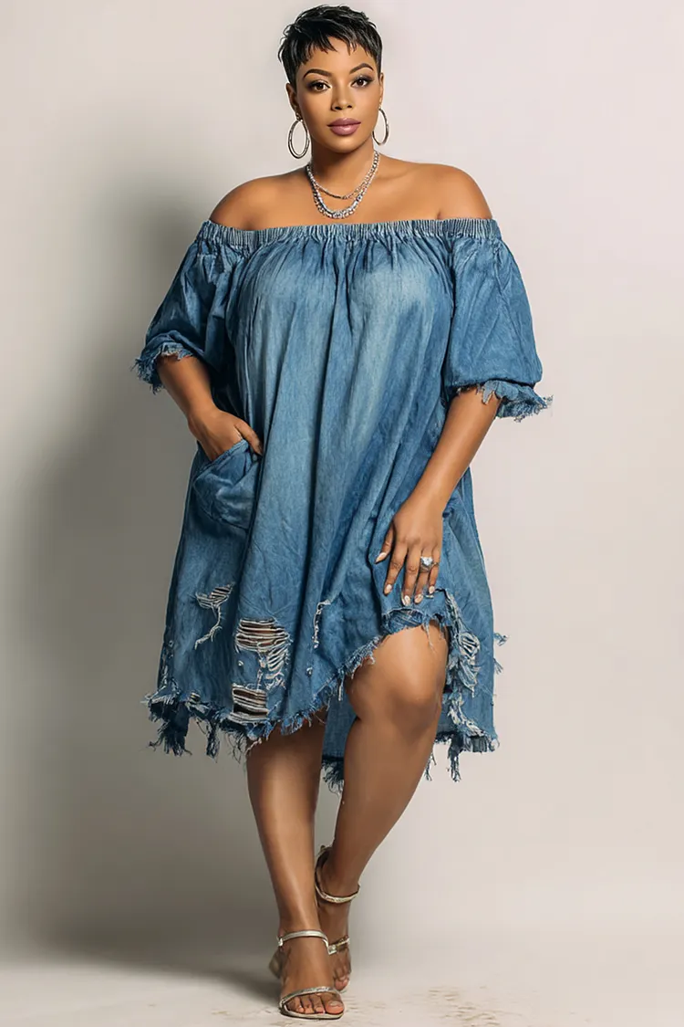 Xpluswear Design Plus Size Party Blue Off The Shoulder Short Sleeve Pocket Ripped Denim Mini Dresses 2024 - Xpluswear