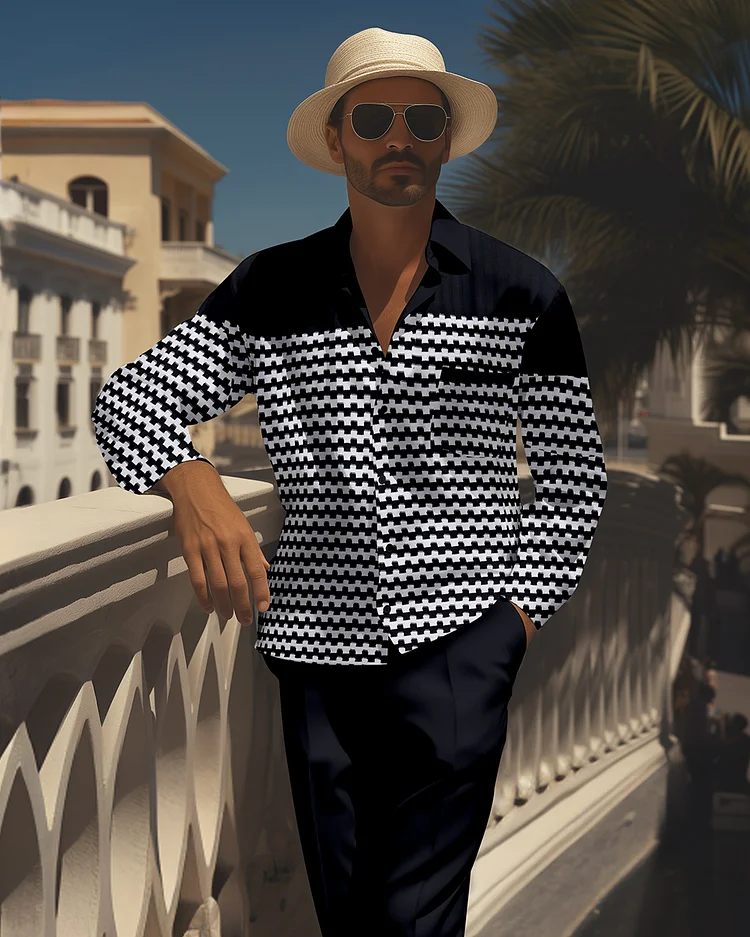 Men's Retro Printed Long Sleeve Shirt Walking Suit 1512
