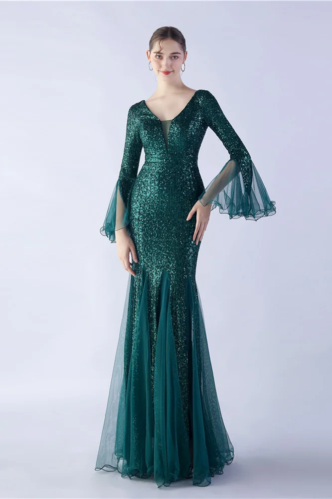 Bellasprom Long Sleeves Mermaid Prom Dress Sequins With Ruffle V-Neck