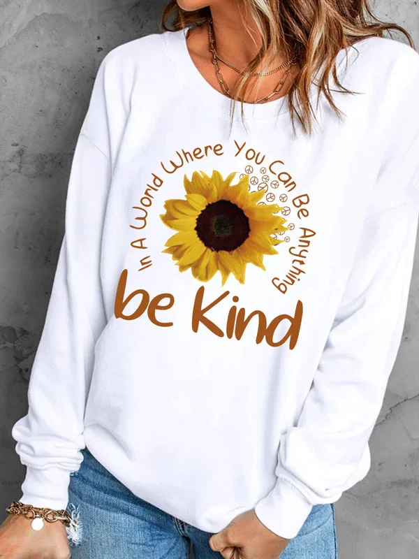 White sunflower maple leaf print round neck blouse