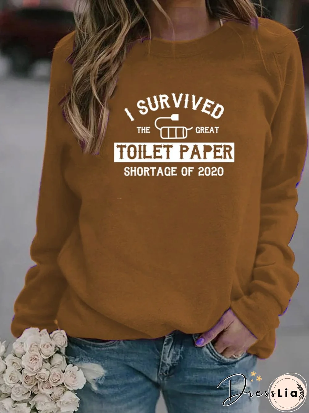 Vintage Statement Letter Printed Long Sleeve Crew Neck Plus Size Casual Tops