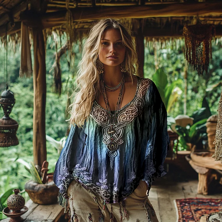 Women's Vintage Viking Celtic Knot And Floral Gradient Long Sleeve T-shirt