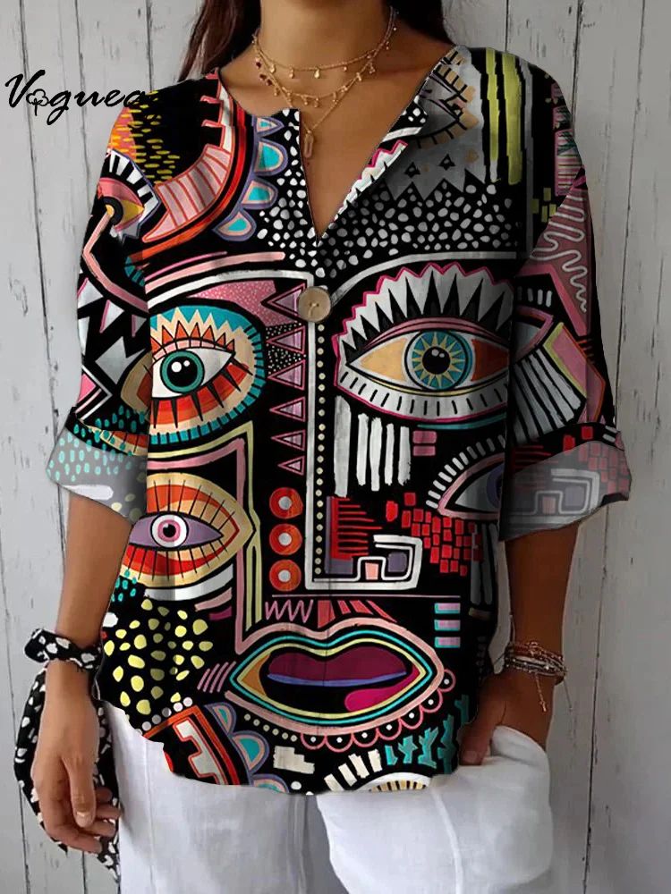 Artistic Creative Eyes And Mouth Puzzle Printed Cotton And Linen Shirt