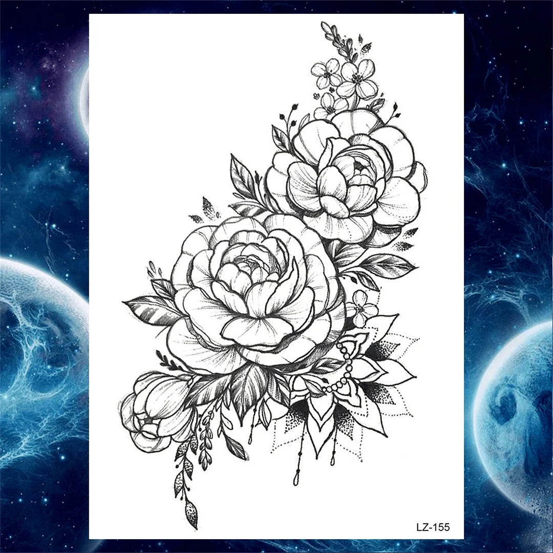 Large 3D Rose Flower Temporary Tattoos For Women Men Adults Death Skull Tattoo Sticker Peony Dahlia Black Fake Tatoos Forearm